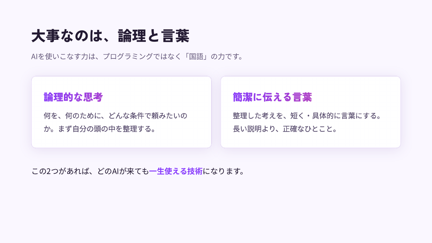 論理的な思考と、簡潔に伝える言葉。この2つが一生使える技術になる