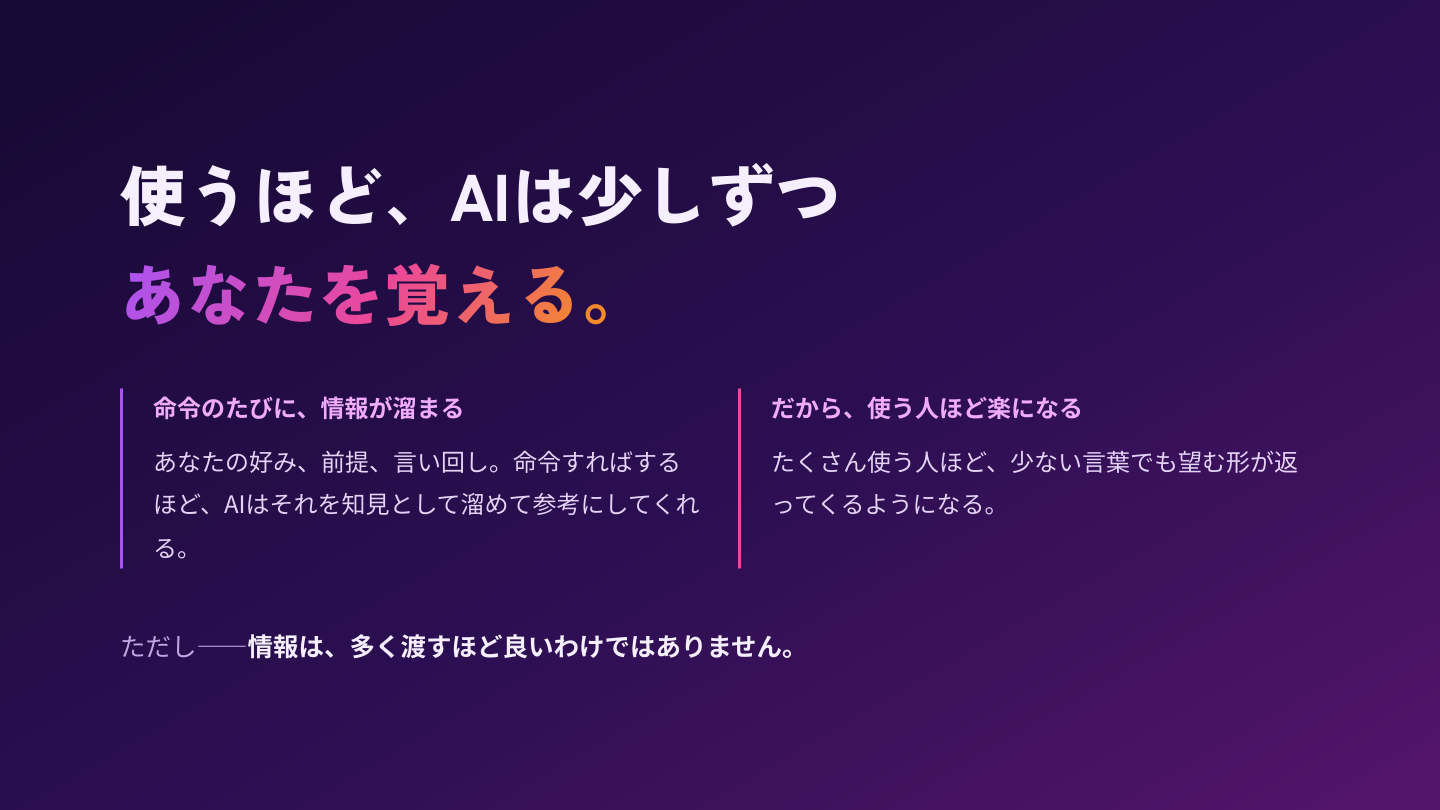 命令のたびに情報が溜まる。だから使う人ほど楽になる