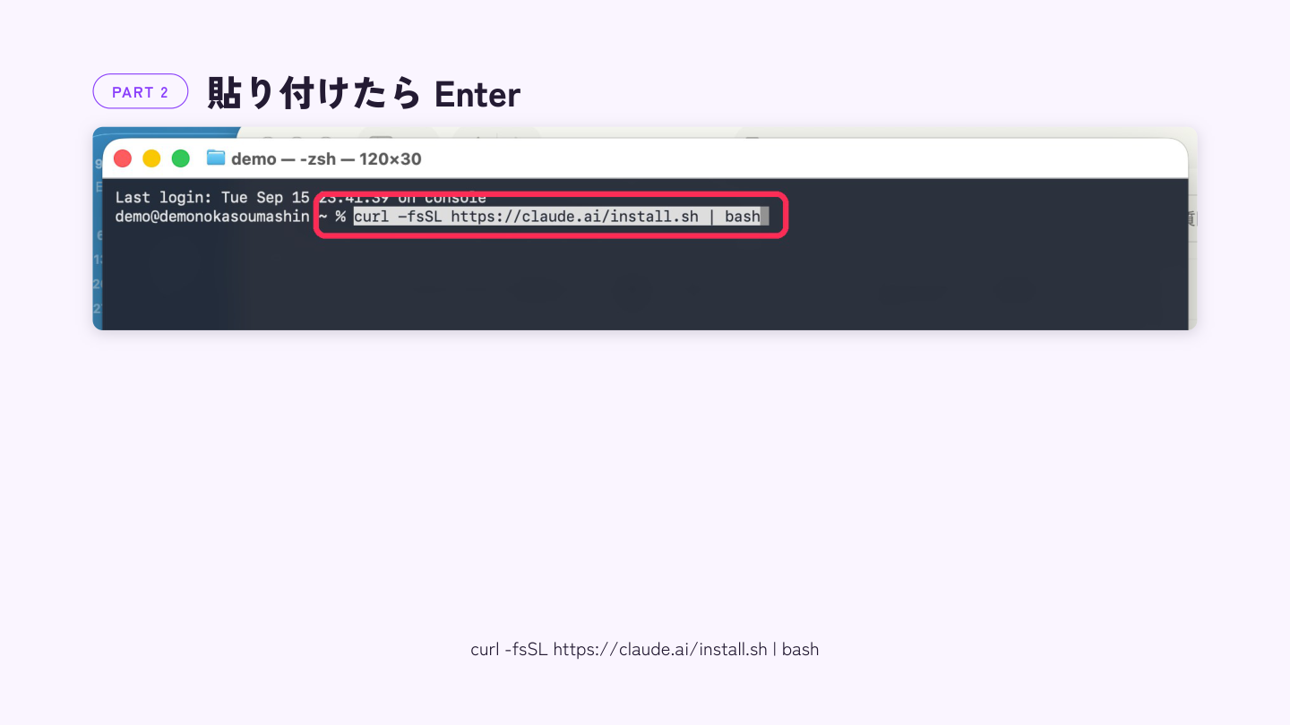 貼り付けたコマンドと Enter を押す様子