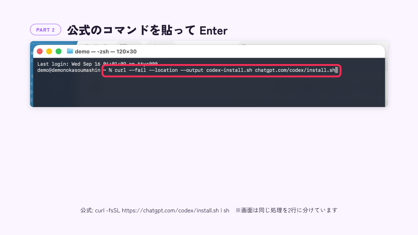 ターミナルに curl コマンドを貼り付けた画面