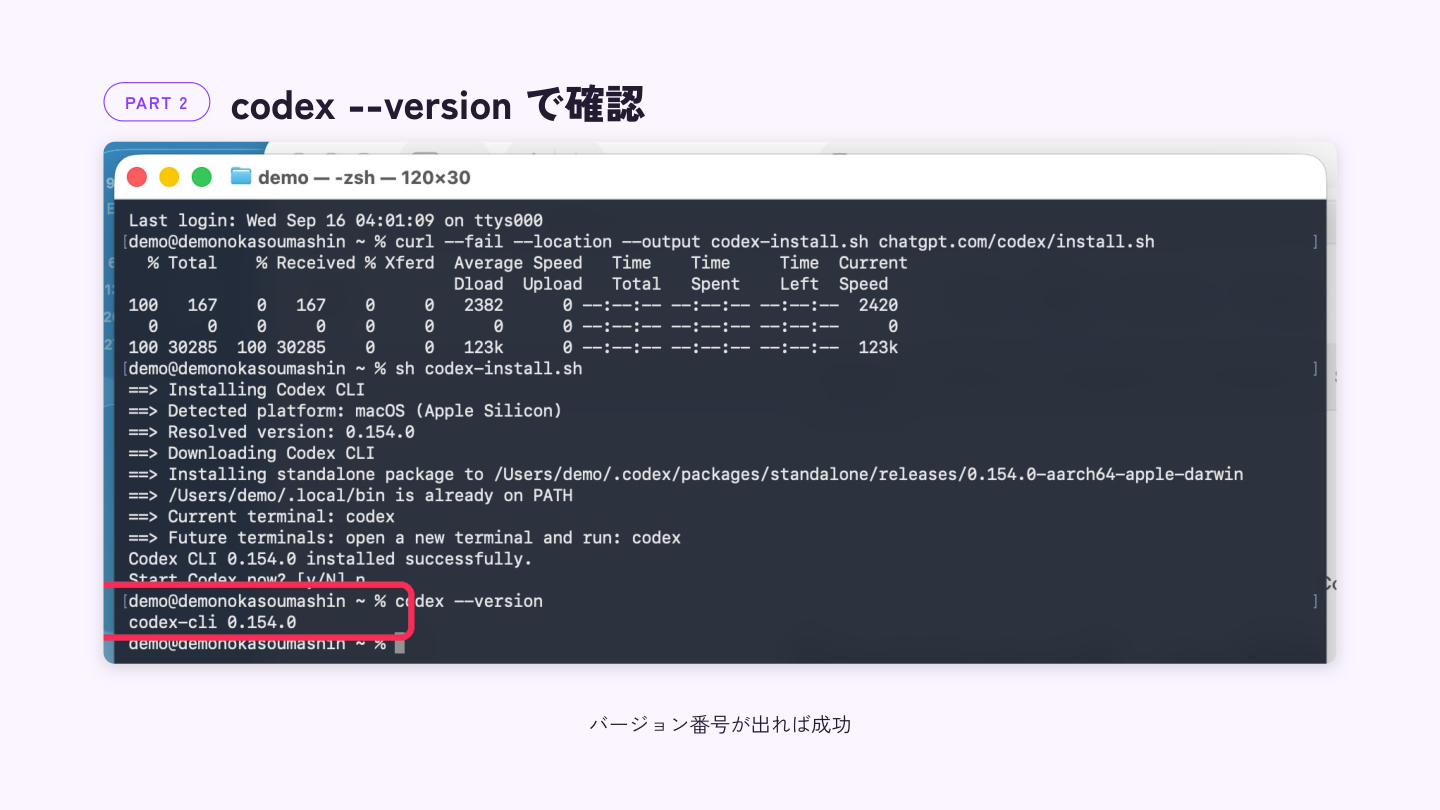 codex --version を実行してバージョン番号が表示される