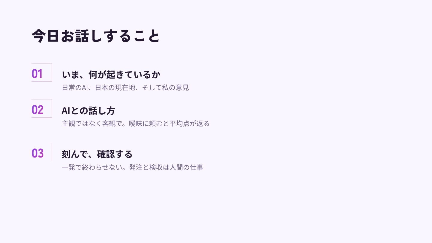 3部構成の目次。いま何が起きているか、AIとの話し方、刻んで確認する