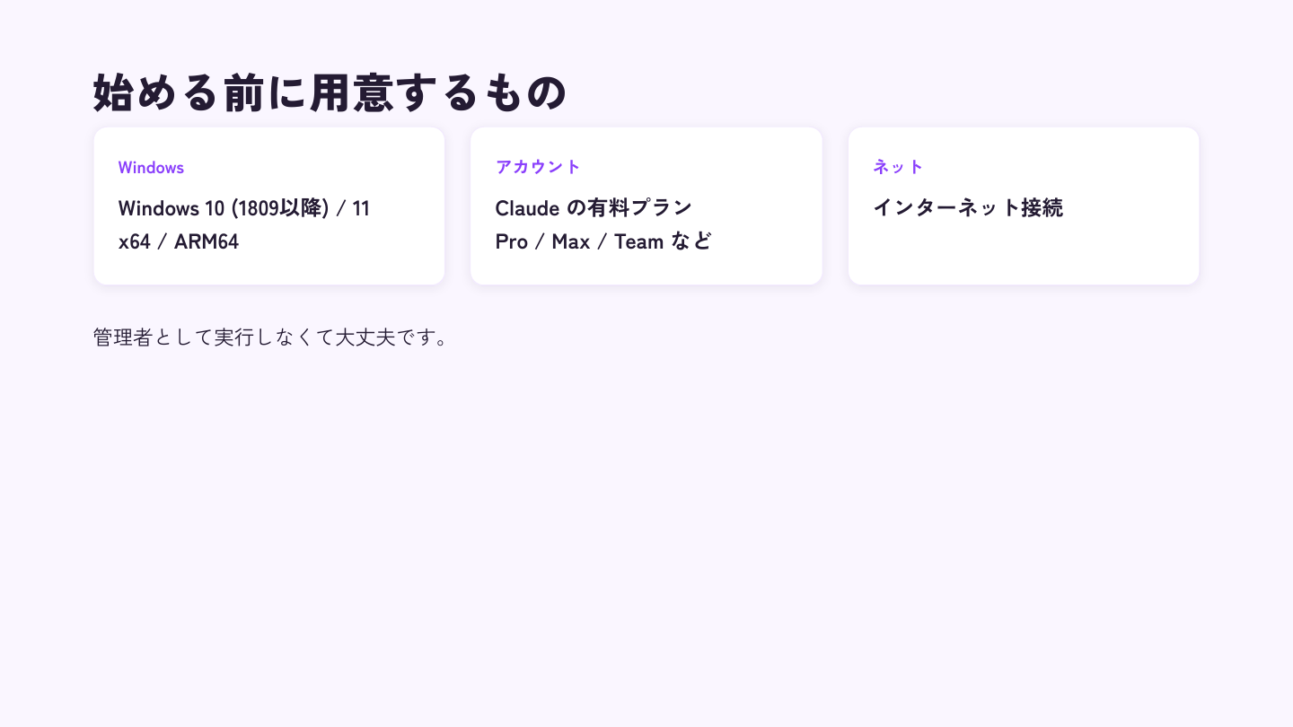 Windows 10 (1809以降) / 11、Claudeの有料プラン、インターネット接続